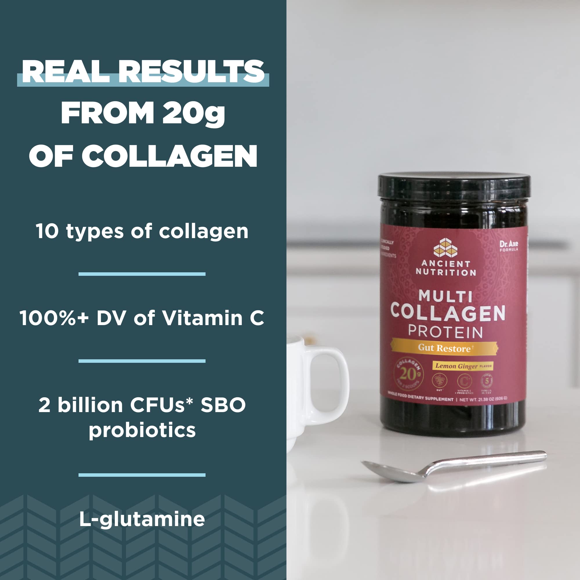 Ancient Nutrition collagen sources from beef, chicken, fish, eggshell - versatile daily supplement.