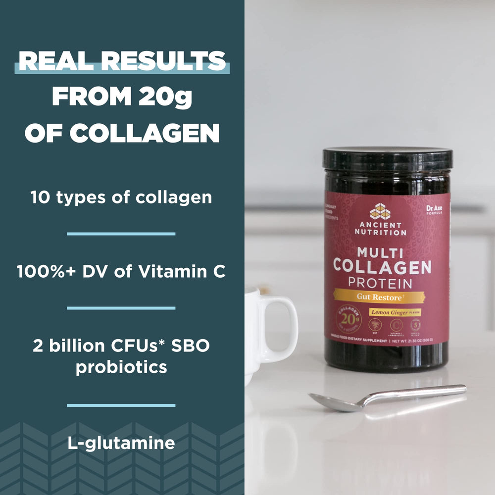 Ancient Nutrition collagen sources from beef, chicken, fish, eggshell - versatile daily supplement.