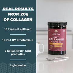 Ancient Nutrition collagen sources from beef, chicken, fish, eggshell - versatile daily supplement.