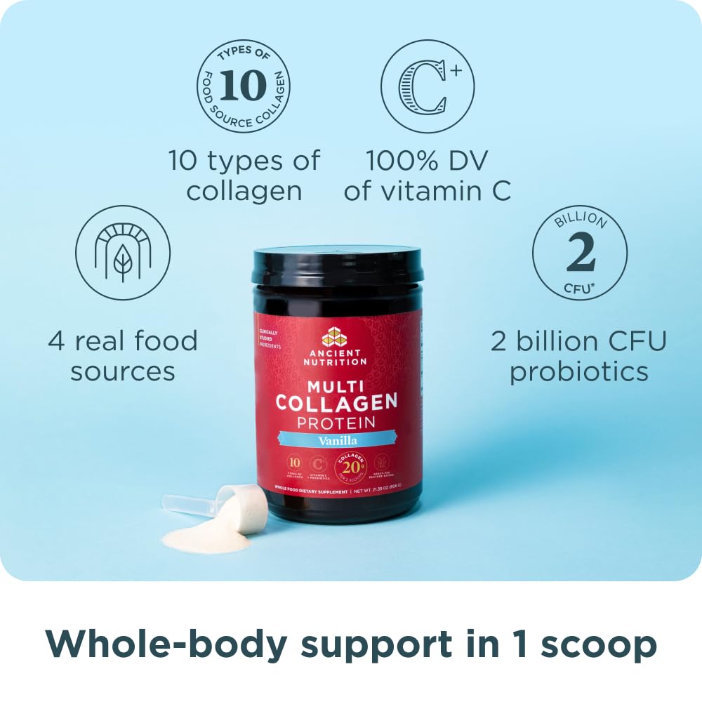 Collagen types I through X from Ancient Nutrition highlight broad profile for hair, skin, nails.