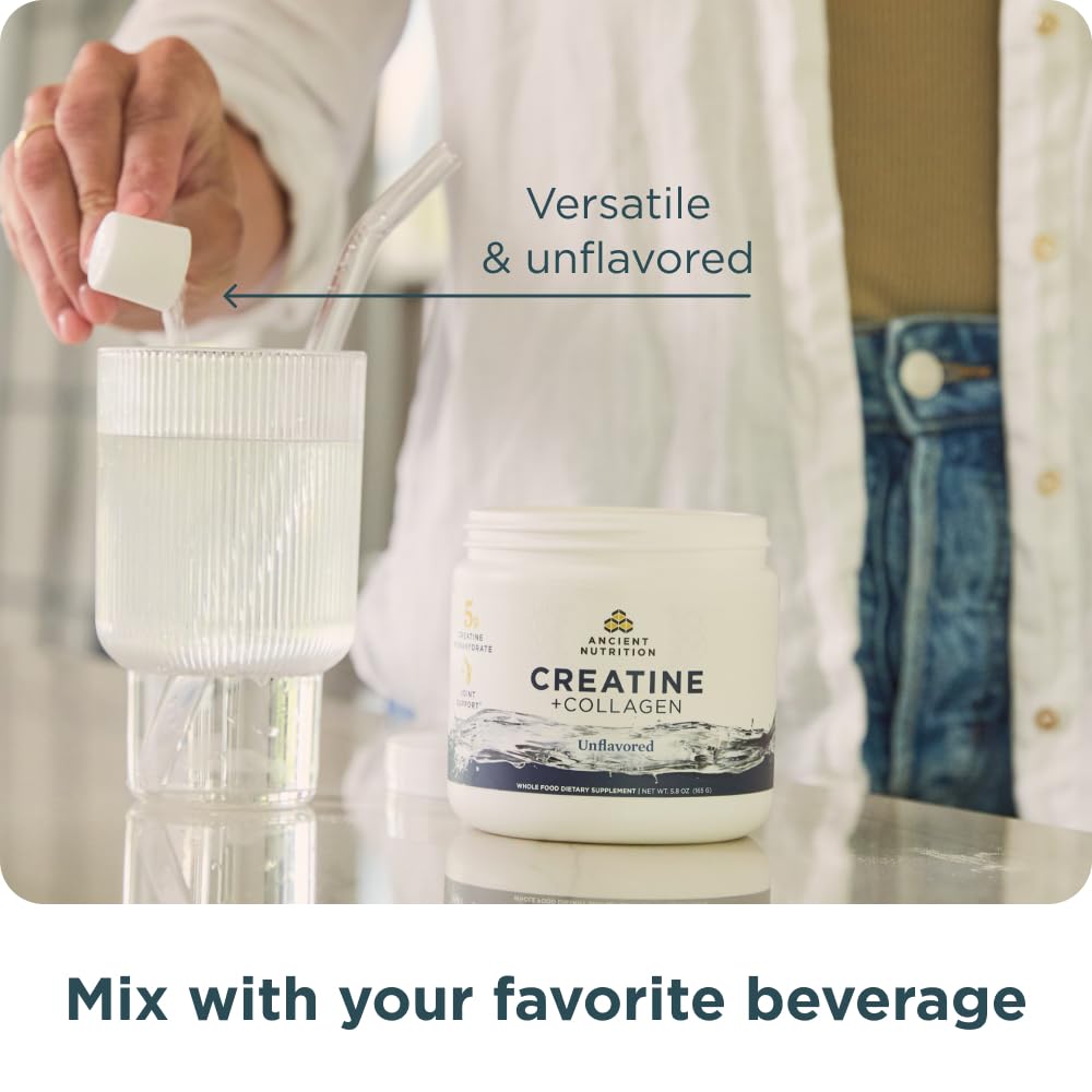 Ancient Nutrition Creatine + Collagen gym bag scene promotes performance.