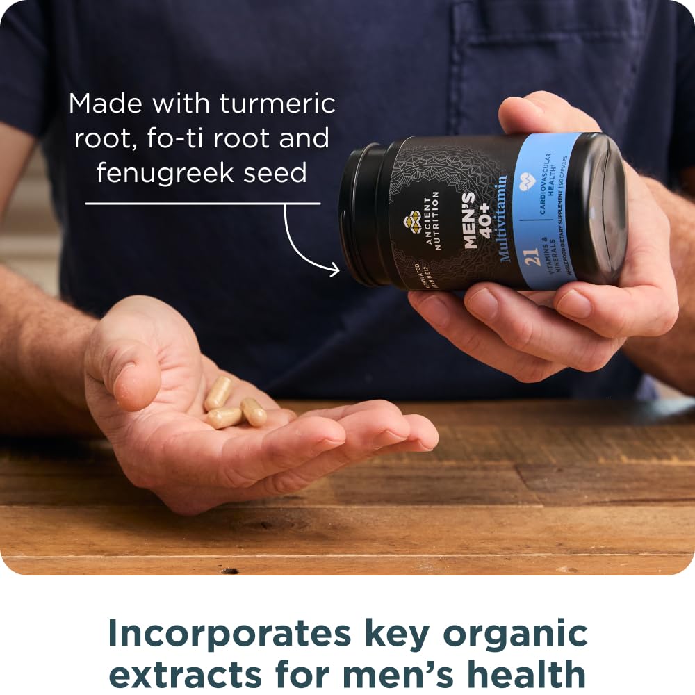 Ancient Nutrition daily dosage shows three capsules with water.