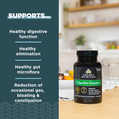 Ancient Nutrition Digestive Enzymes label closeup highlighting enzyme blend for fats and proteins