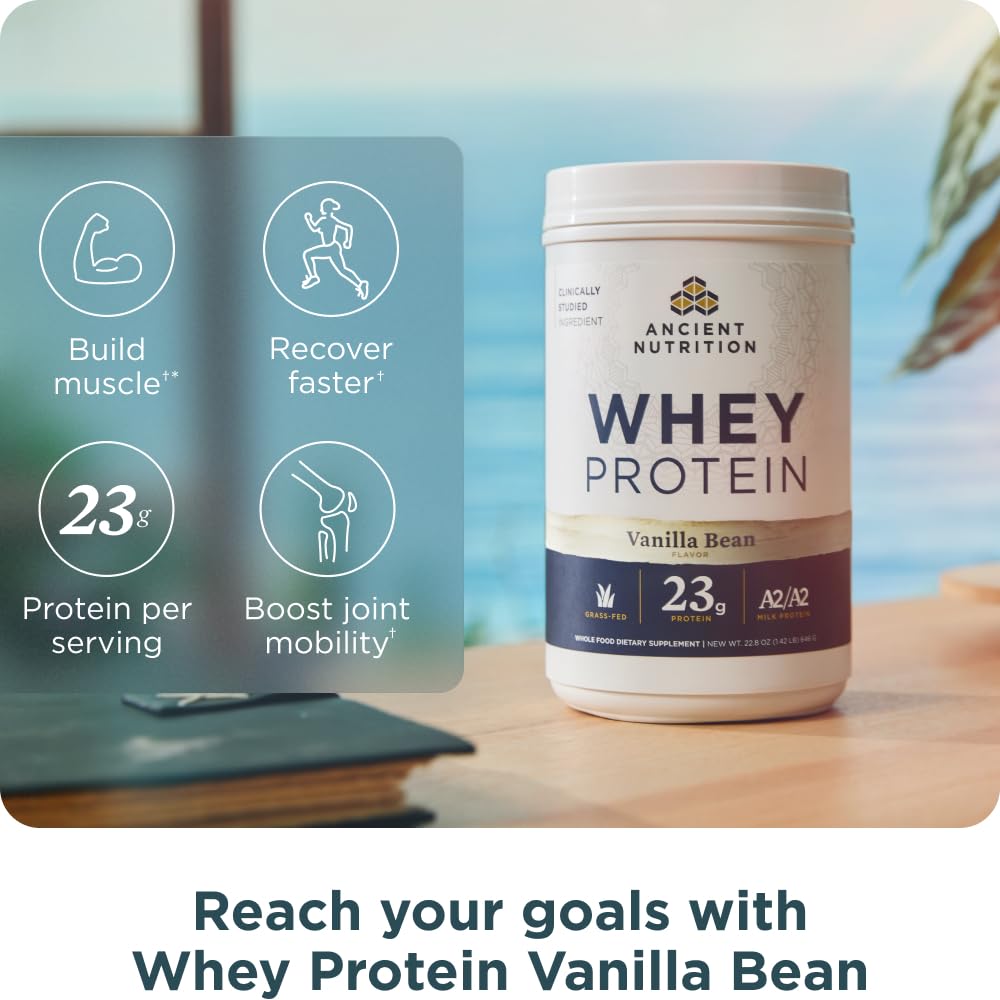 Ancient Nutrition eggshell membrane collagen powder highlighted, signaling joint-support protein ingredients.