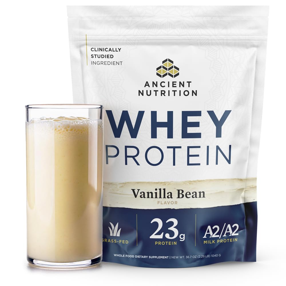 Ancient Nutrition grass-fed whey protein vanilla bean tub for daily shakes.