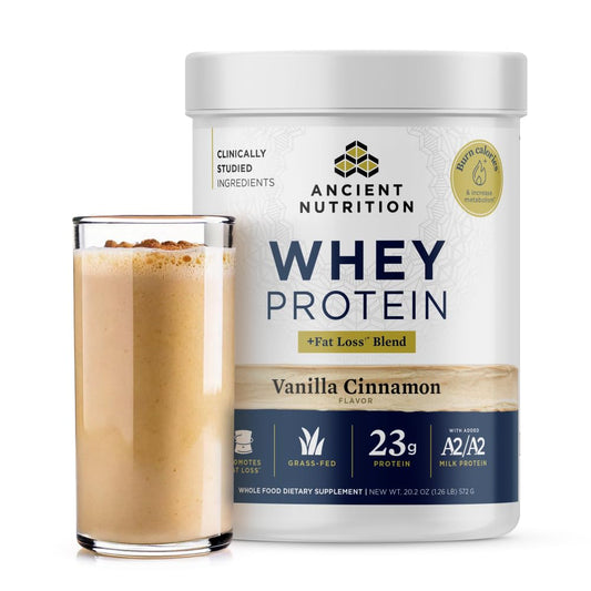 Ancient Nutrition grass-fed whey protein bottle with Vanilla Cinnamon flavor, supports lean muscle.