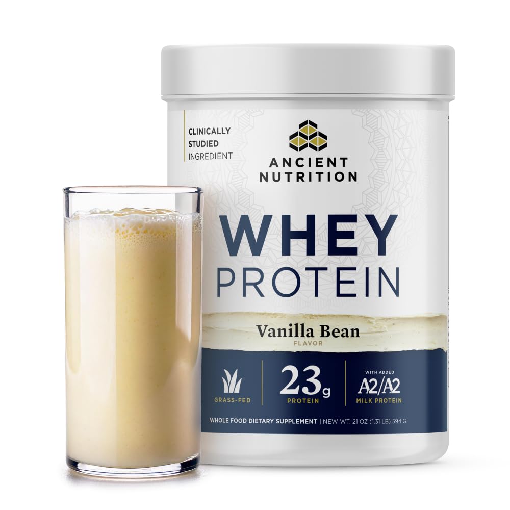 Ancient Nutrition grass-fed whey vanilla bean label shows quality and clean nutrition for athletes.