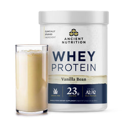 Ancient Nutrition grass-fed whey vanilla bean label shows quality and clean nutrition for athletes.