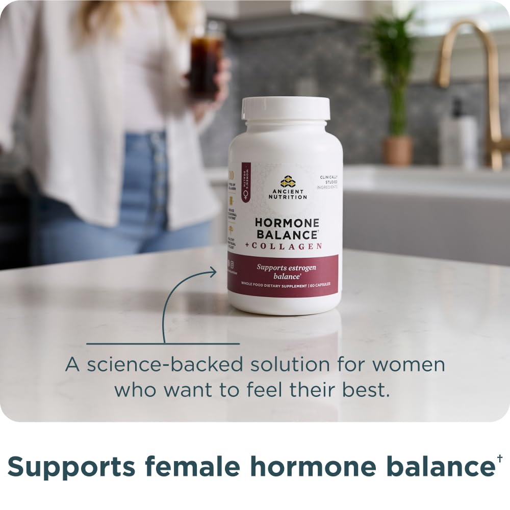 Ancient Nutrition Hormone Balance packaging on shelf, convenient capsule format for busy mornings.