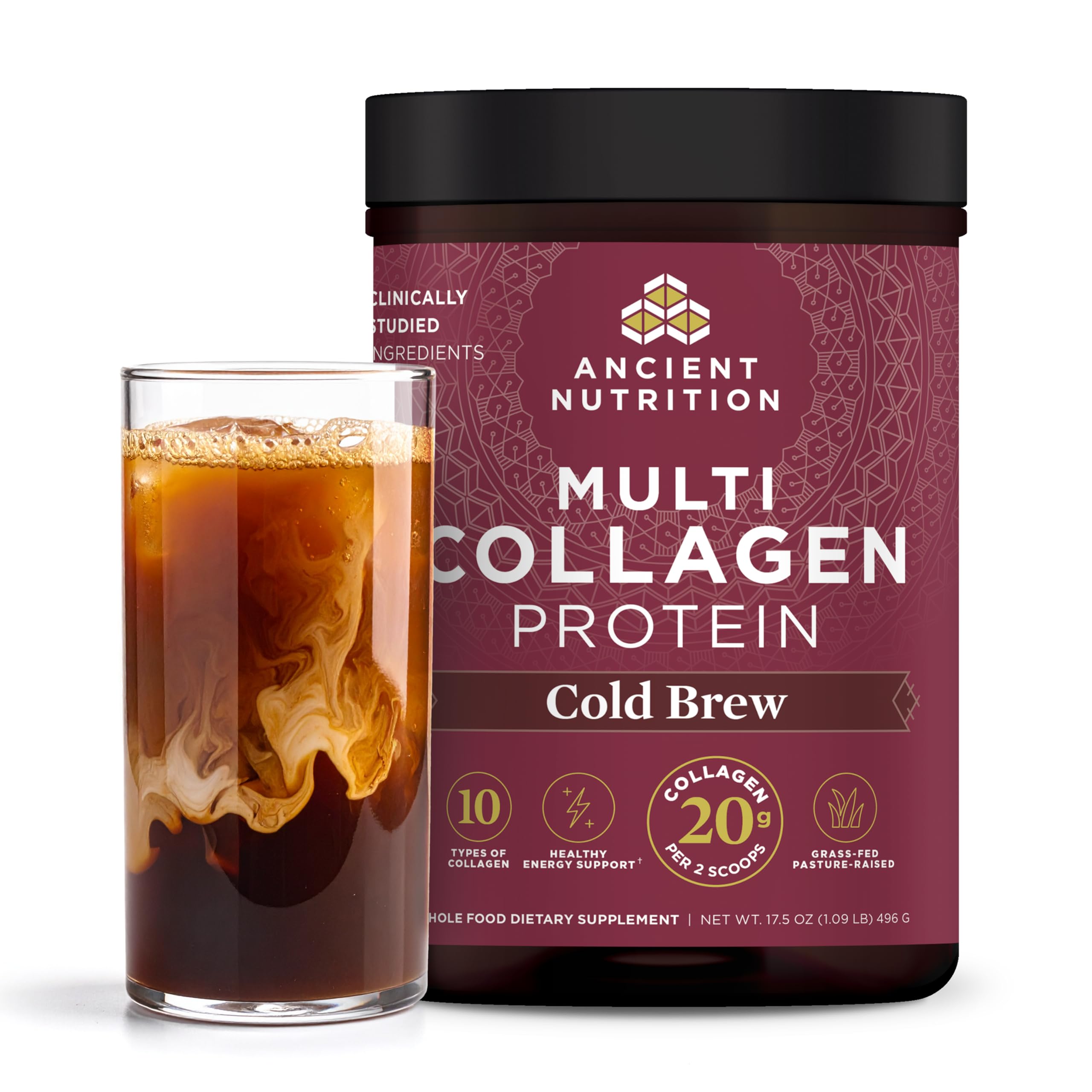 Ancient Nutrition hydrolyzed collagen peptides powder tub front view for skin and joints
