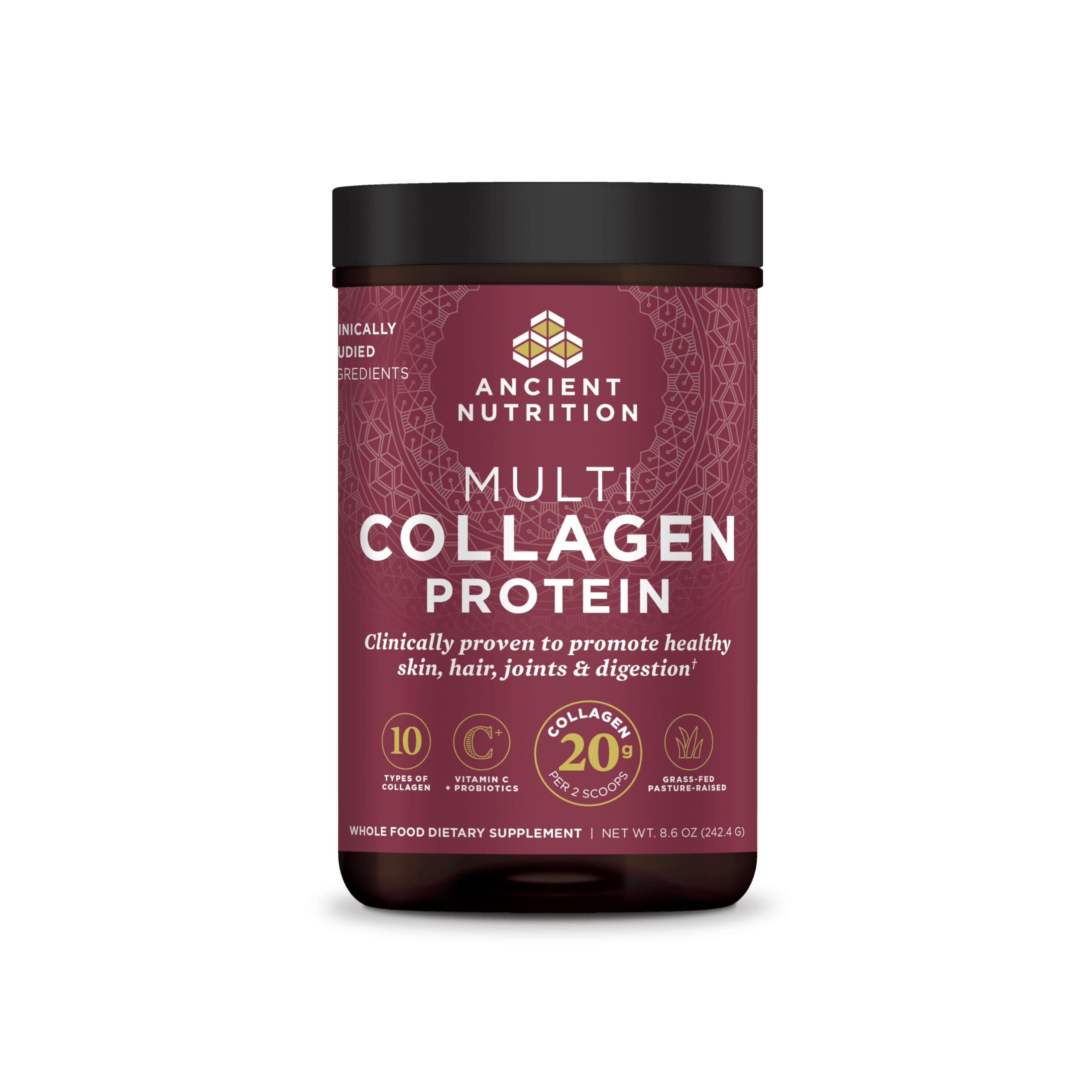Ancient Nutrition hydrolyzed collagen peptides tub for daily protein blend.