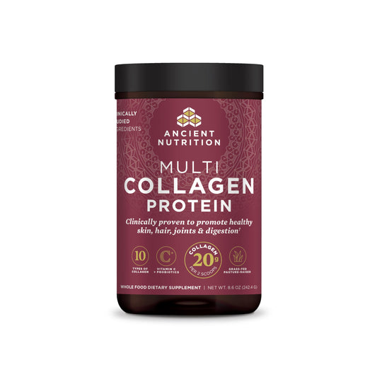 Ancient Nutrition hydrolyzed collagen peptides tub for daily protein blend.