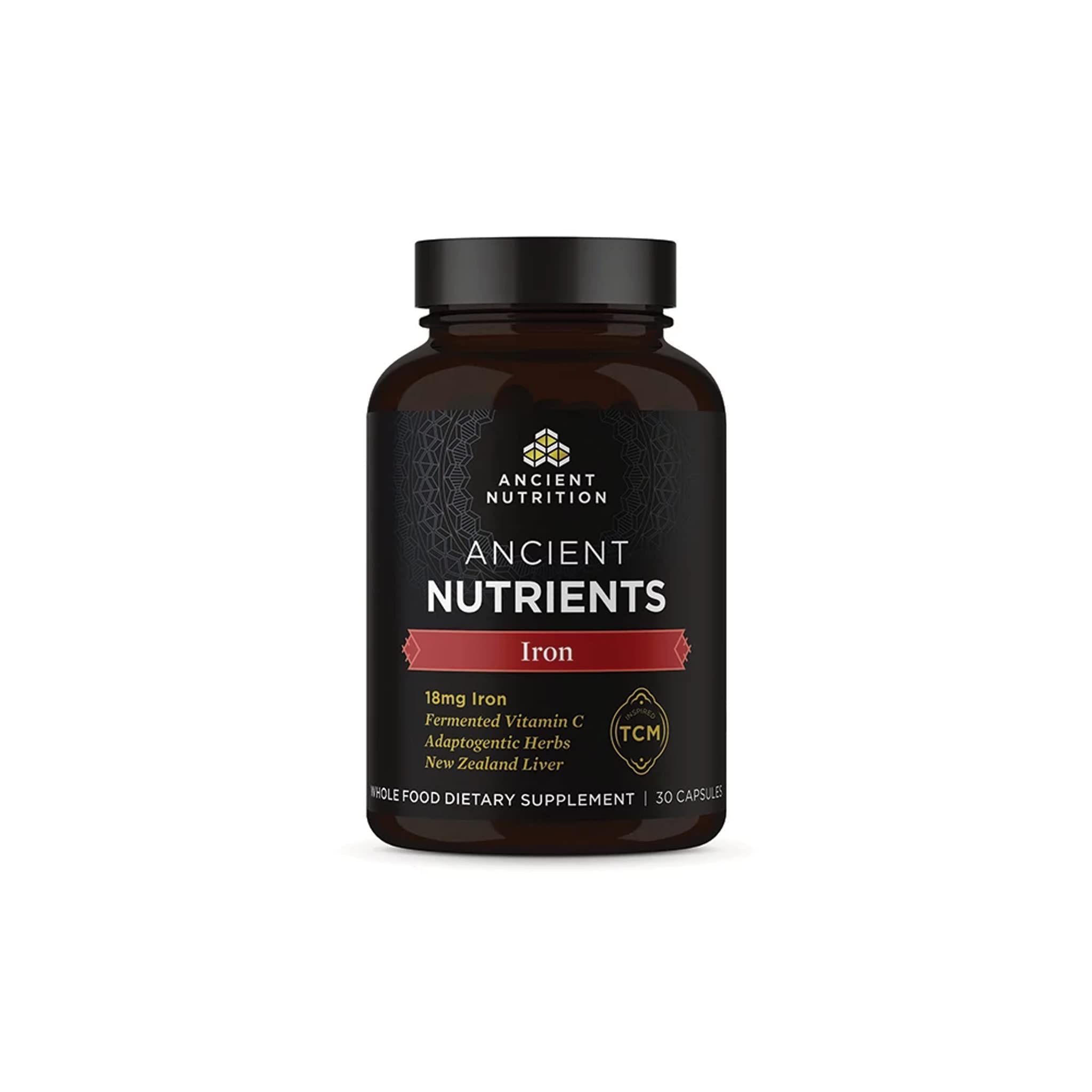 Ancient Nutrition Iron bottle label shows daily iron support with gentle digestion.