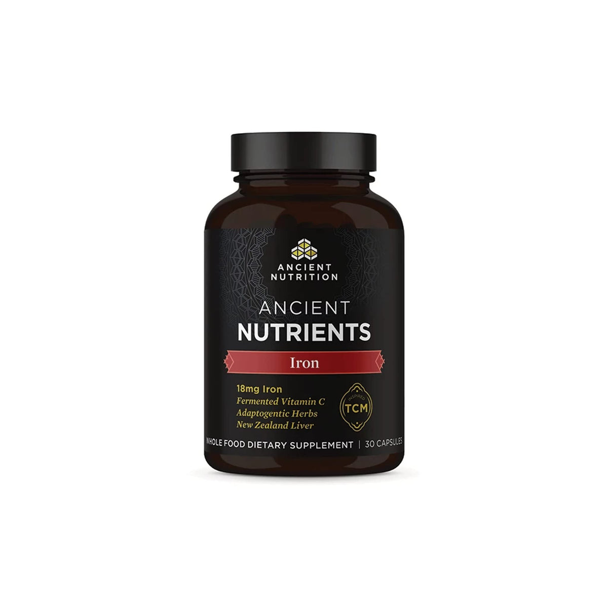 Ancient Nutrition Iron bottle label shows daily iron support with gentle digestion.