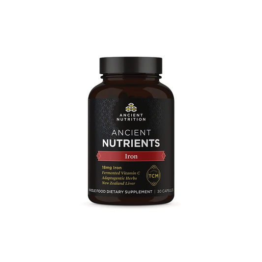 Ancient Nutrition Iron bottle label shows daily iron support with gentle digestion.