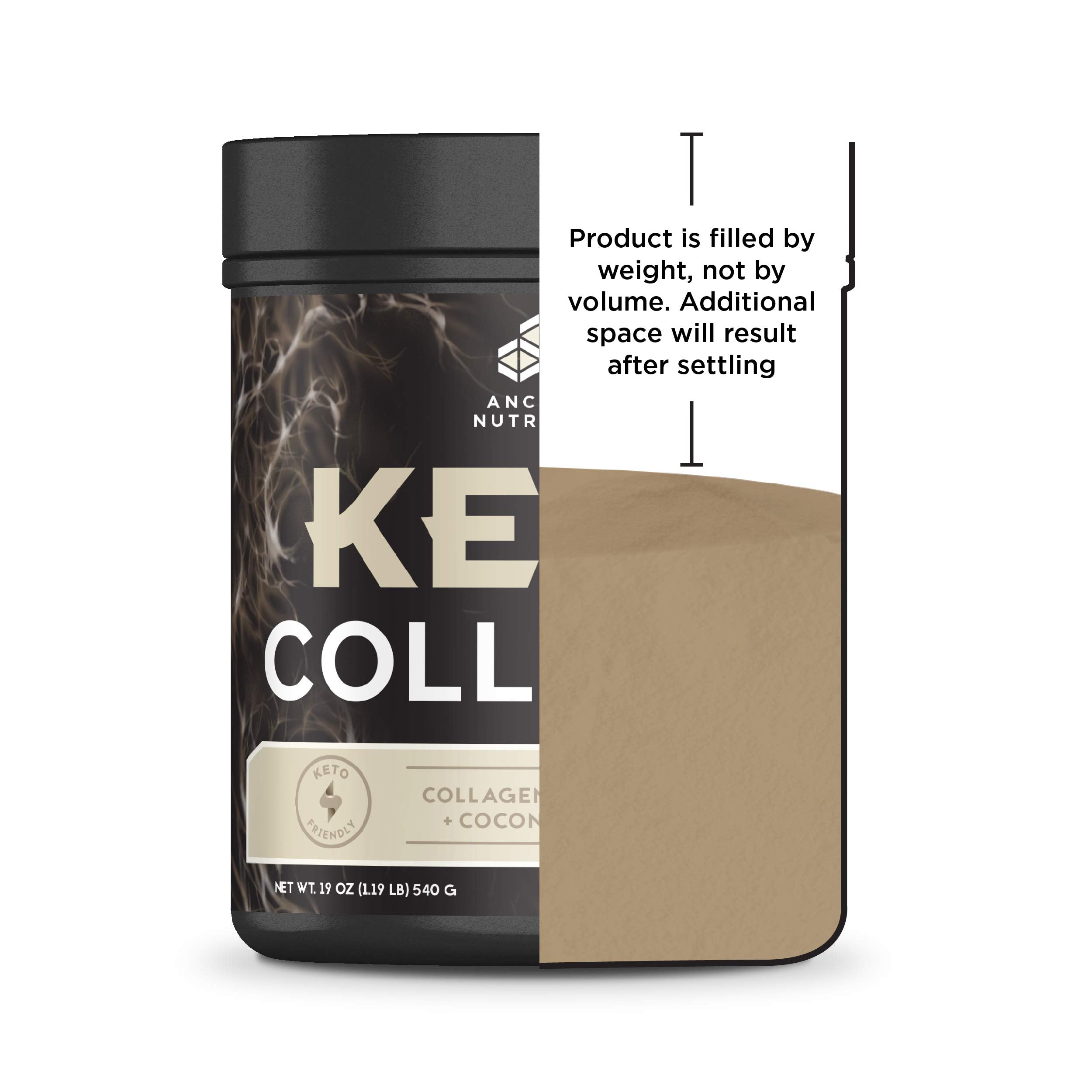 Ancient Nutrition KetoCOLLAGEN MCT oil bottle beside the collagen tub.