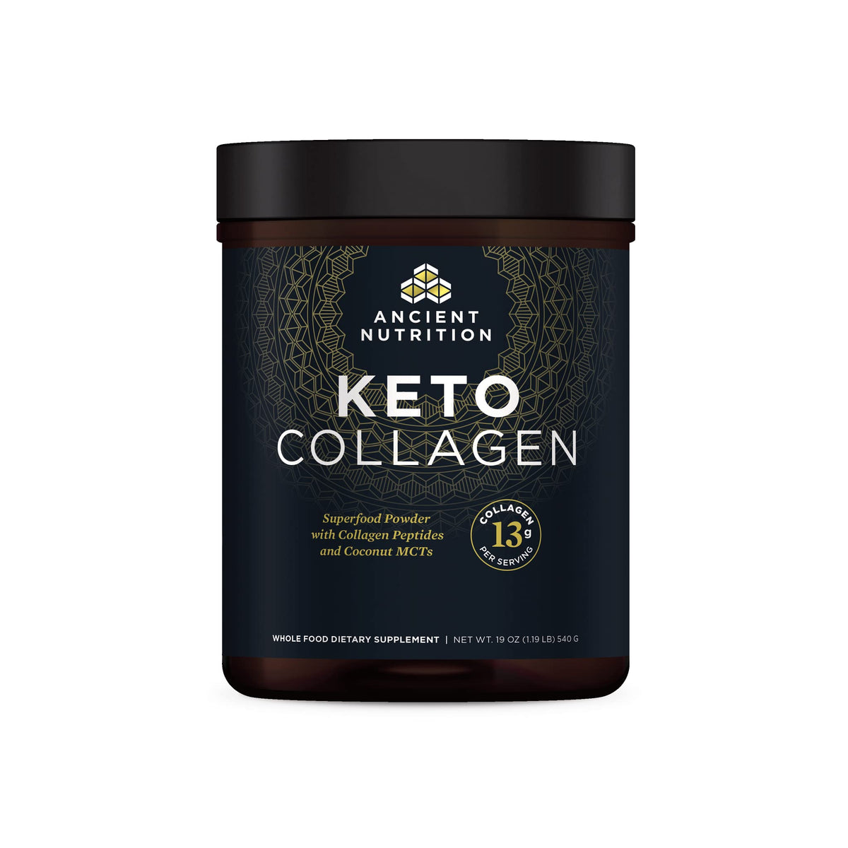 Ancient Nutrition KetoCOLLAGEN powder tub with zero carb formula for keto lifestyles.
