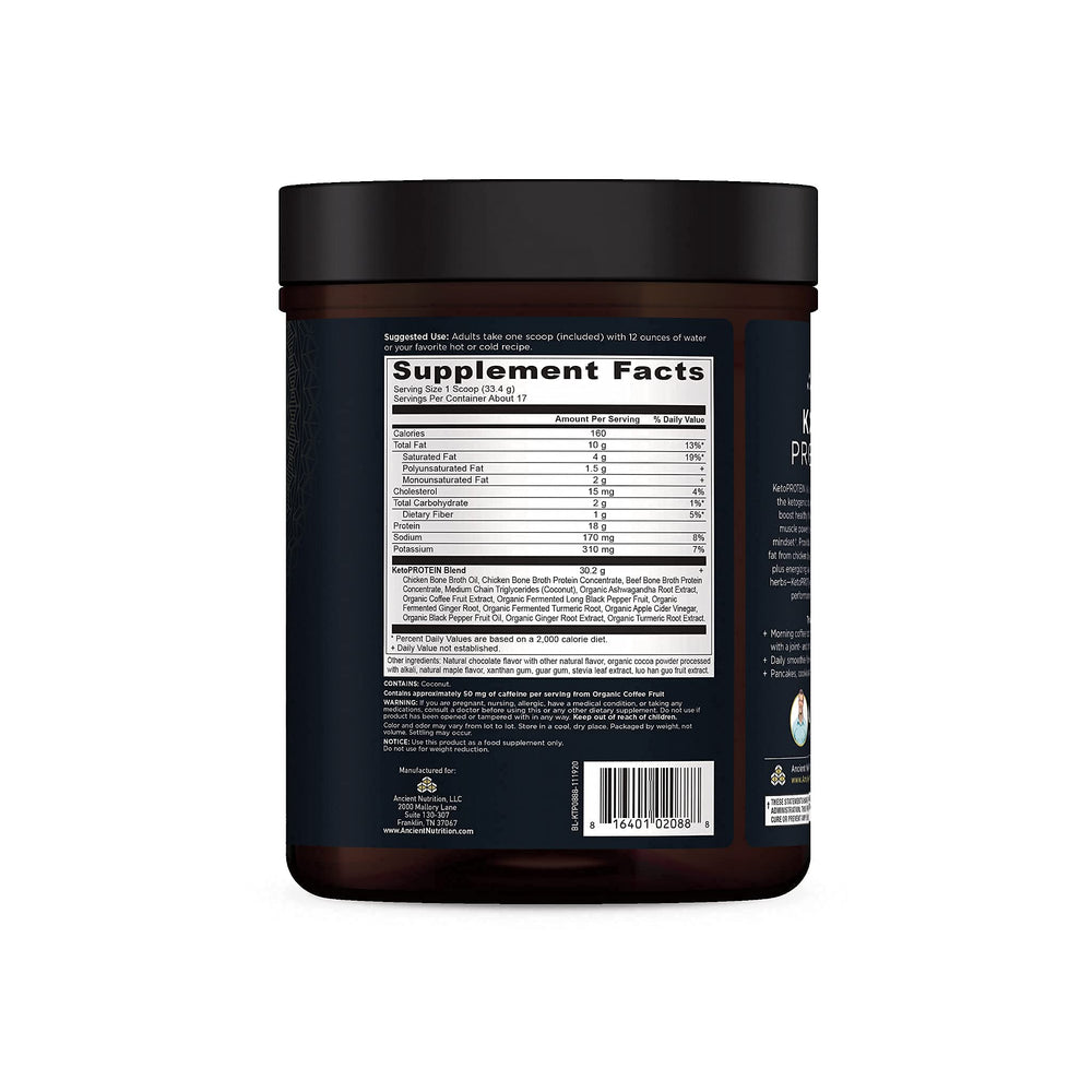 Ancient Nutrition KetoPROTEIN Chocolate bone broth powder close-up.