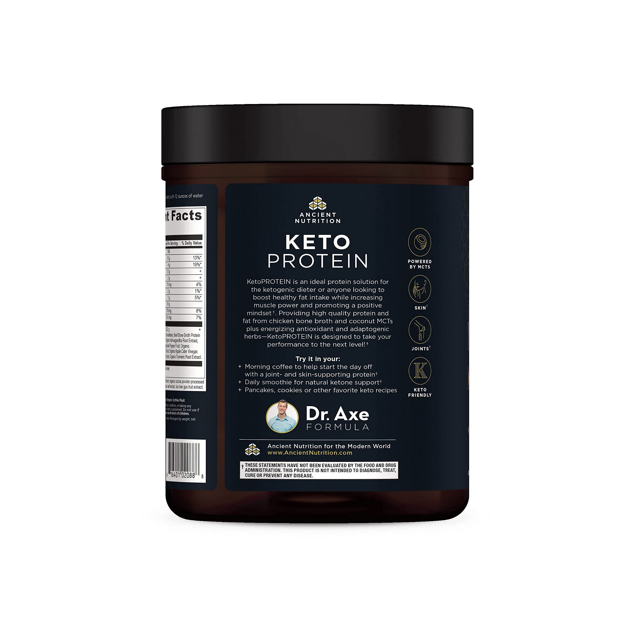 Ancient Nutrition KetoPROTEIN Chocolate MCT oil bottle—fueling quick keto energy.