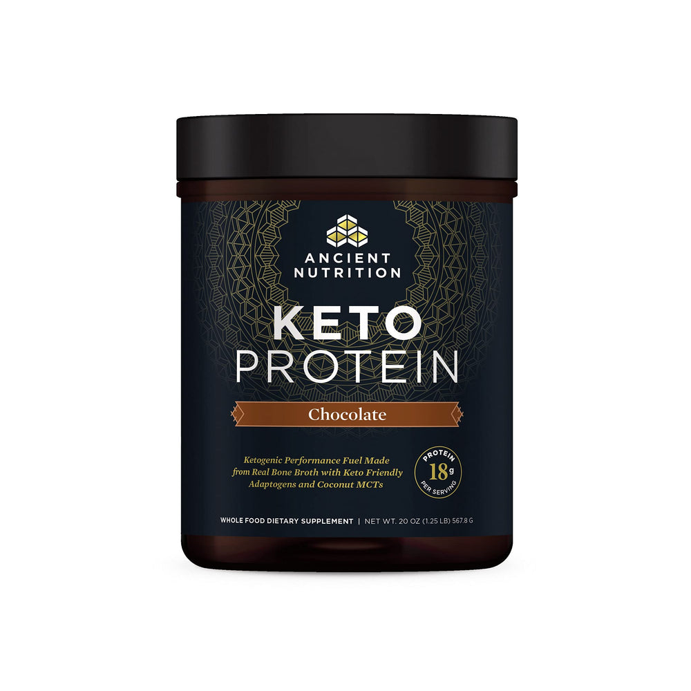 Ancient Nutrition KetoPROTEIN Chocolate powder container for quick keto-friendly shakes.