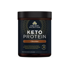Ancient Nutrition KetoPROTEIN Chocolate powder container for quick keto-friendly shakes.