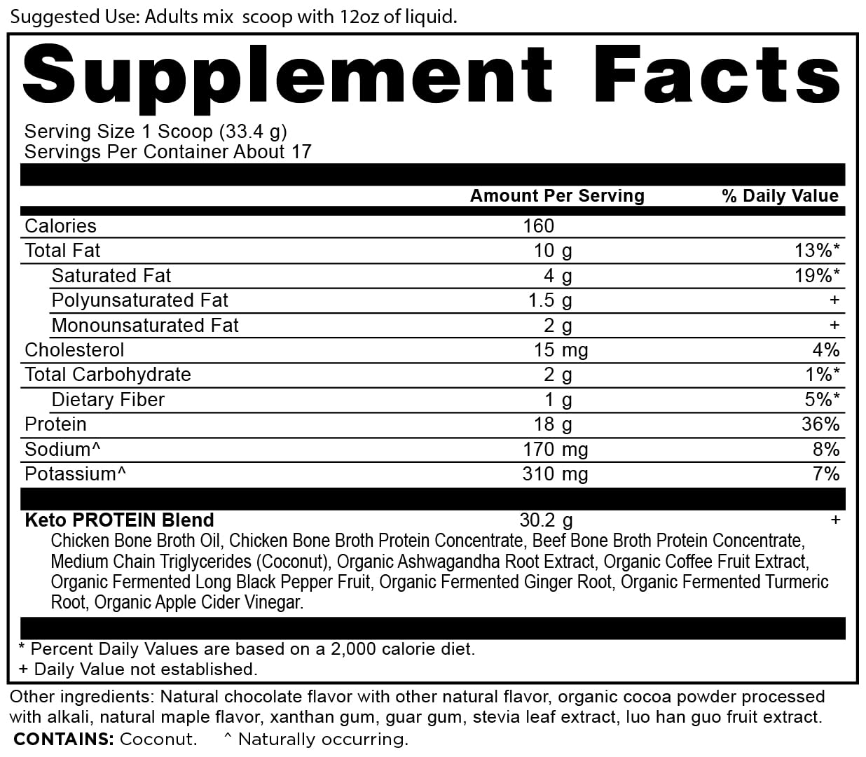Ancient Nutrition KetoPROTEIN Chocolate scoop dispensing for easy portioning.