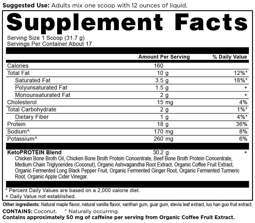 KetoPROTEIN MCT oil detail highlights caprylic acid for quick energy