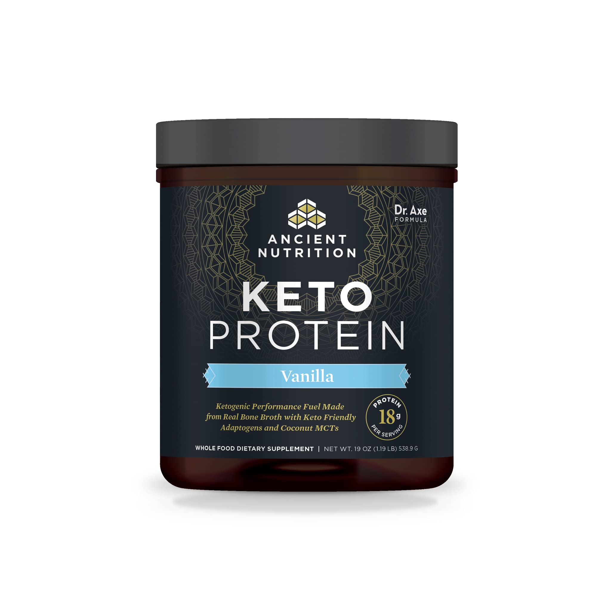 Ancient Nutrition KetoPROTEIN vanilla bottle shows bone broth–based protein for keto meals