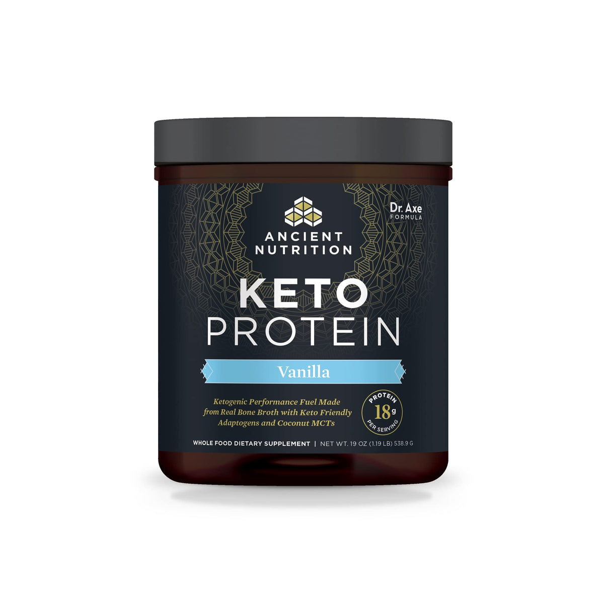 Ancient Nutrition KetoPROTEIN vanilla bottle shows bone broth–based protein for keto meals
