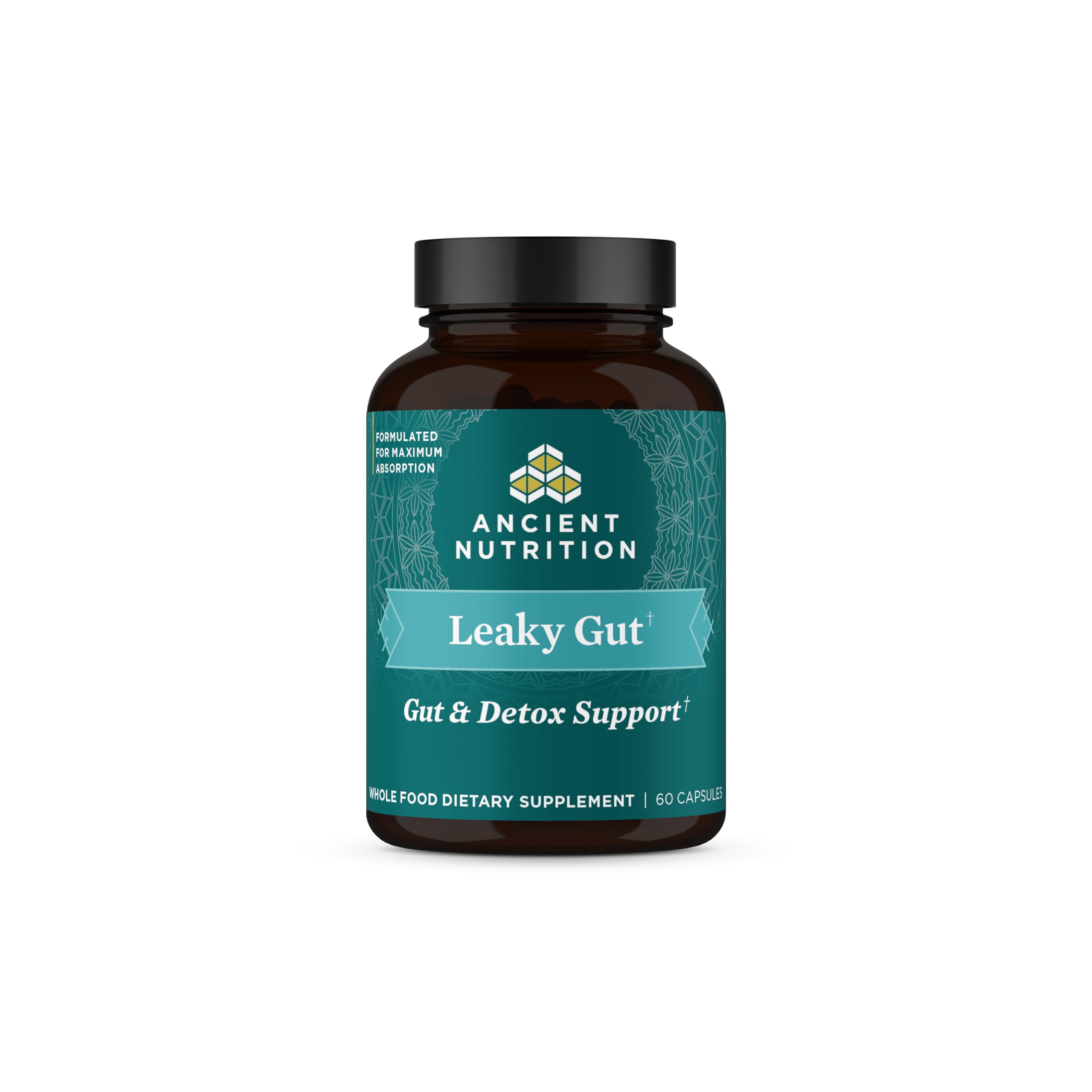 Ancient Nutrition Leaky Gut Capsules bottle showing the 60-count bottle supports digestive function