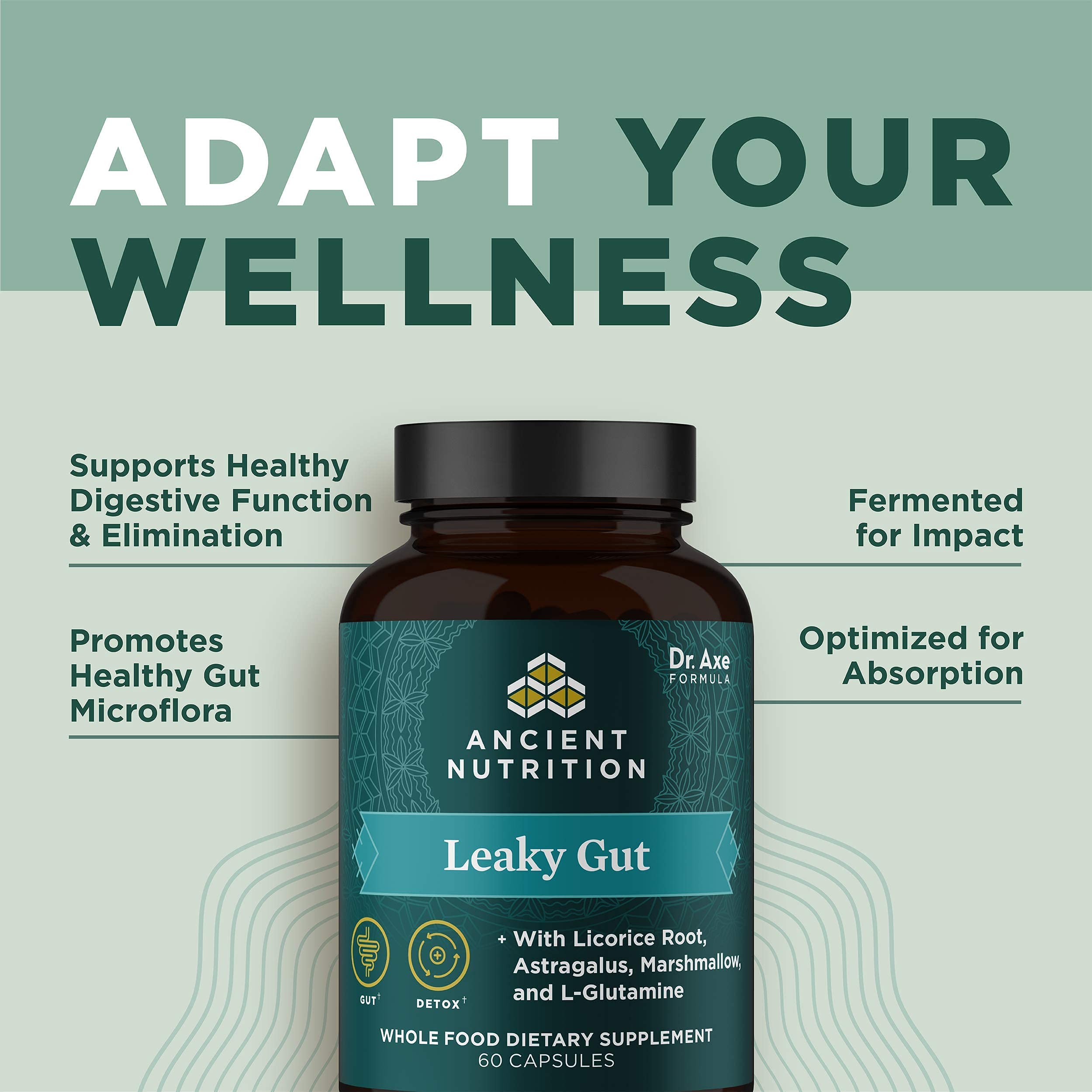 Ancient Nutrition Leaky Gut Capsules lifestyle packaging emphasizing keto and paleo compatibility