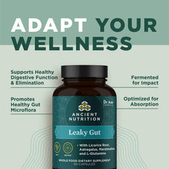 Ancient Nutrition Leaky Gut Capsules lifestyle packaging emphasizing keto and paleo compatibility