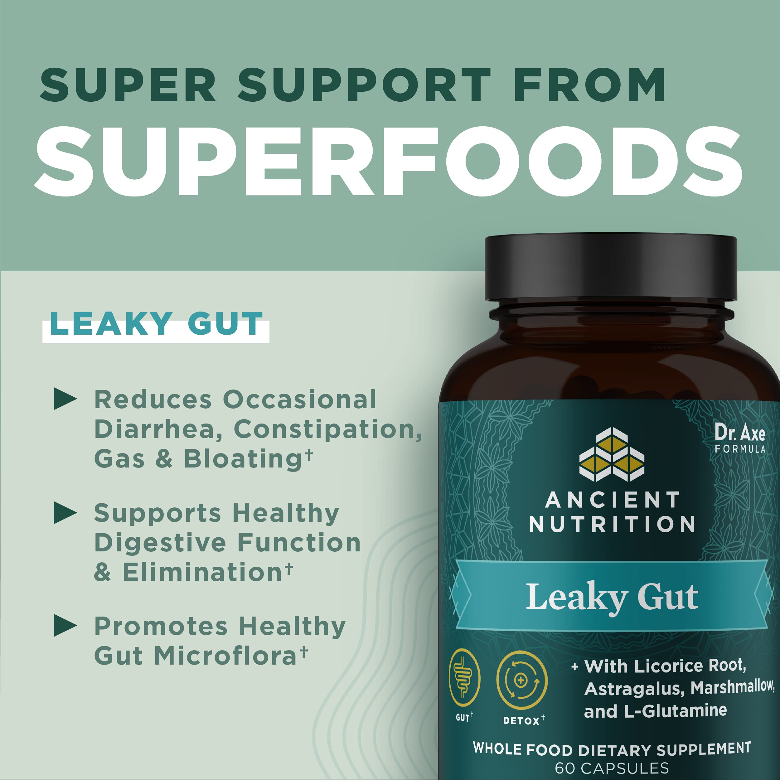 Ancient Nutrition Leaky Gut Capsules label close-up highlighting ingredients