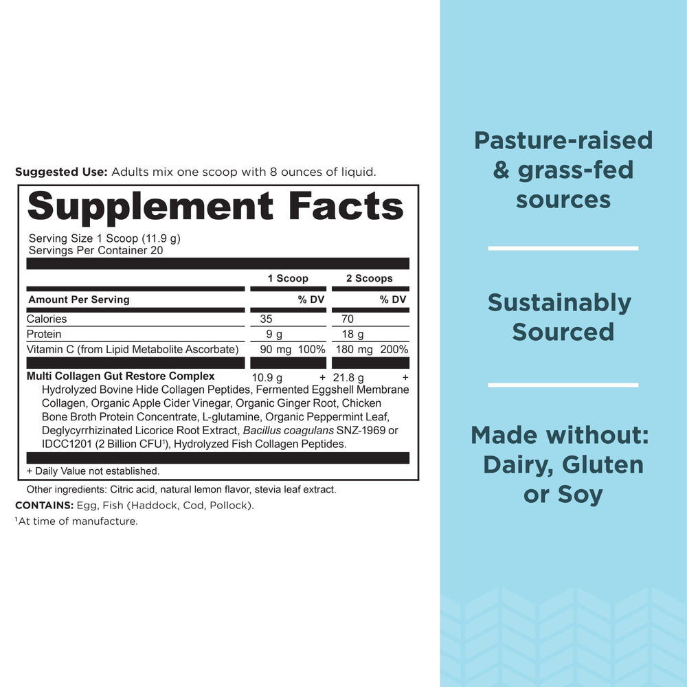 Ancient Nutrition Gut Restore lemon-ginger flavor bottle adds tasty, convenient daily collagen.