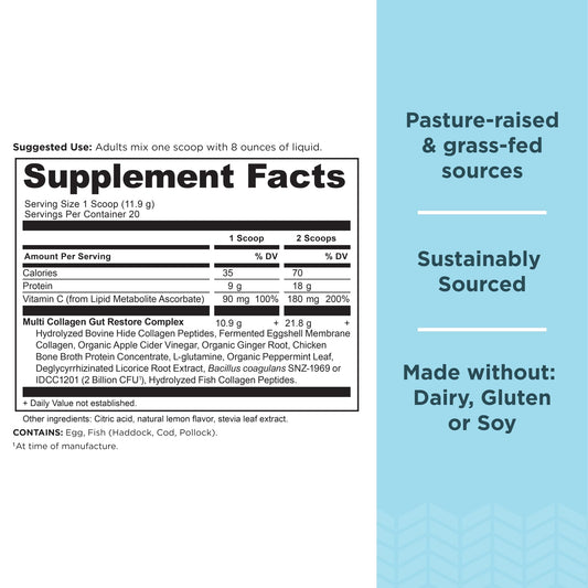Ancient Nutrition Gut Restore lemon-ginger flavor bottle adds tasty, convenient daily collagen.