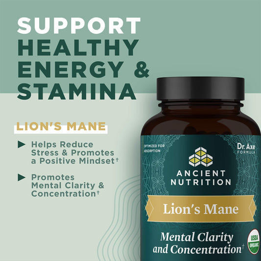 Ancient Nutrition Lion's Mane tablets for easy daily cognitive support.