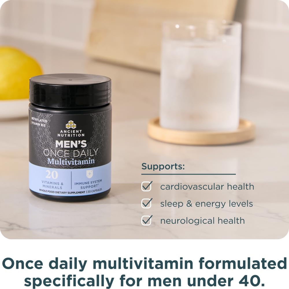 Ancient Nutrition Men Multivitamin daily-dose image emphasizes once-daily simplicity.