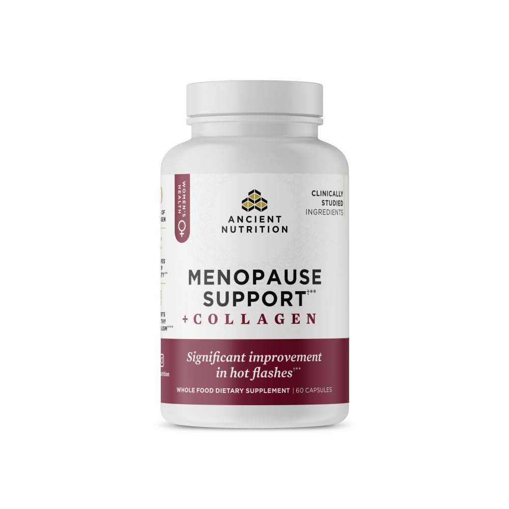 Ancient Nutrition menopause support capsules in bottle, potentially easing hot flashes and sleep.