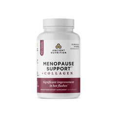 Ancient Nutrition menopause support capsules in bottle, potentially easing hot flashes and sleep.