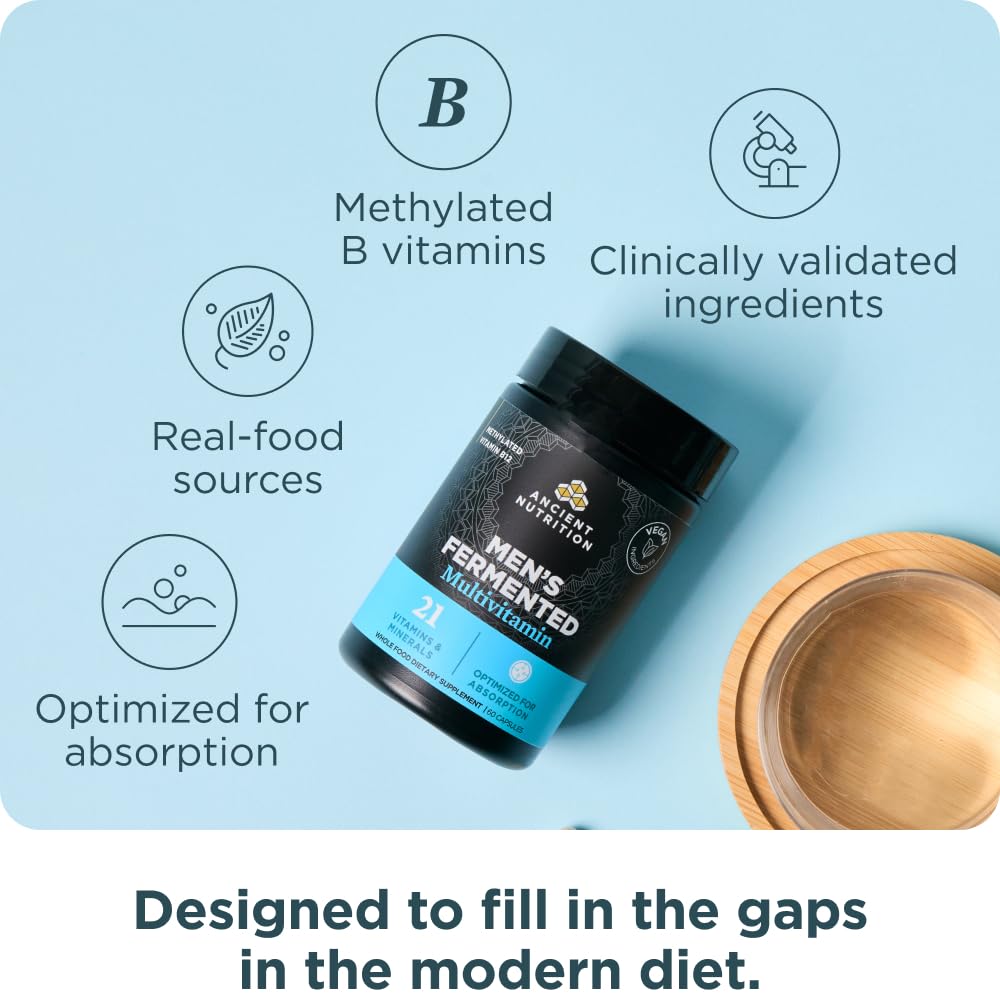 Ancient Nutrition Men’s Multivitamin bottle with glass for daily supplementation routine.