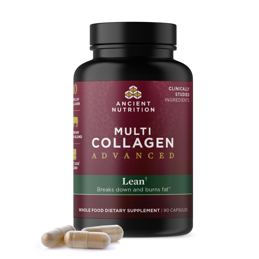 Ancient Nutrition Multi Collagen Advanced Lean bottle visible for weight-management support.