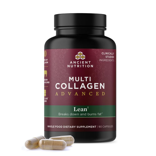 Ancient Nutrition Multi Collagen Advanced Lean bottle visible for weight-management support.