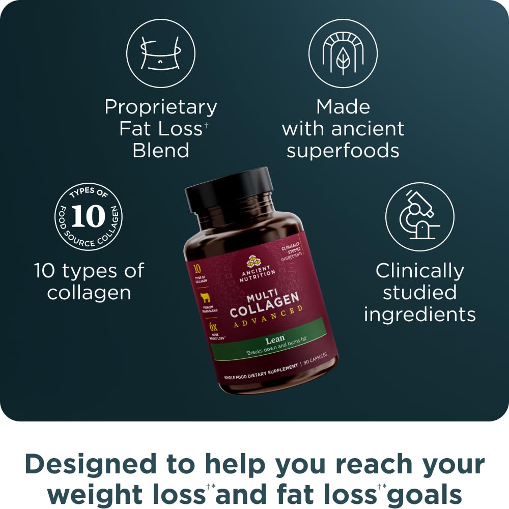 Close-up of Ancient Nutrition Multi Collagen Advanced Lean capsules for daily use.