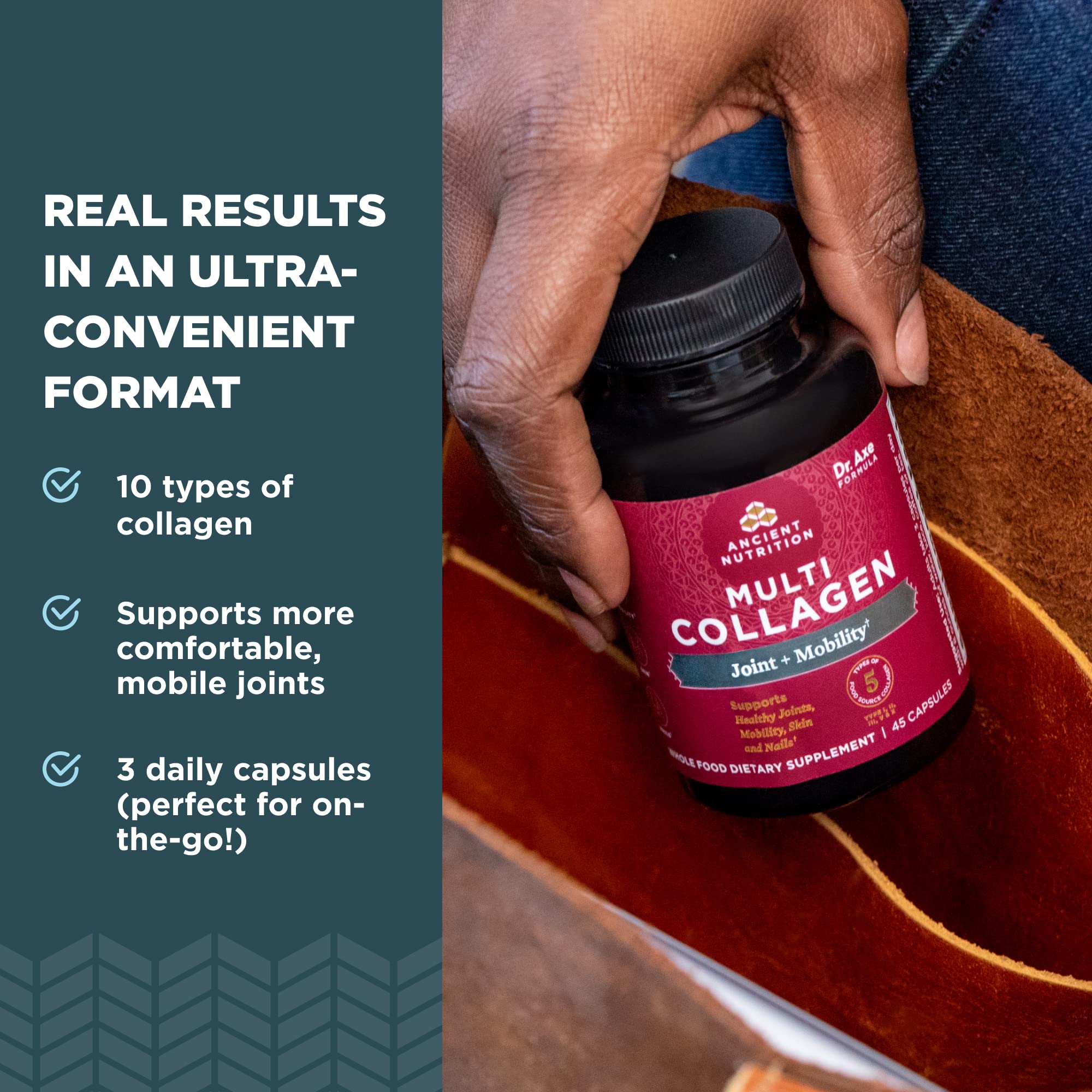 Ancient Nutrition Multi Collagen bottle pour shows easy dosing.
