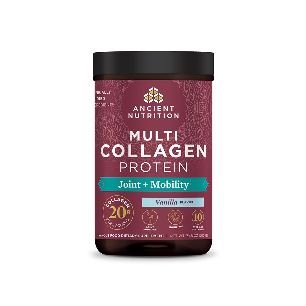 Ancient Nutrition multi-collagen bottle with vanilla flavor for daily joint support