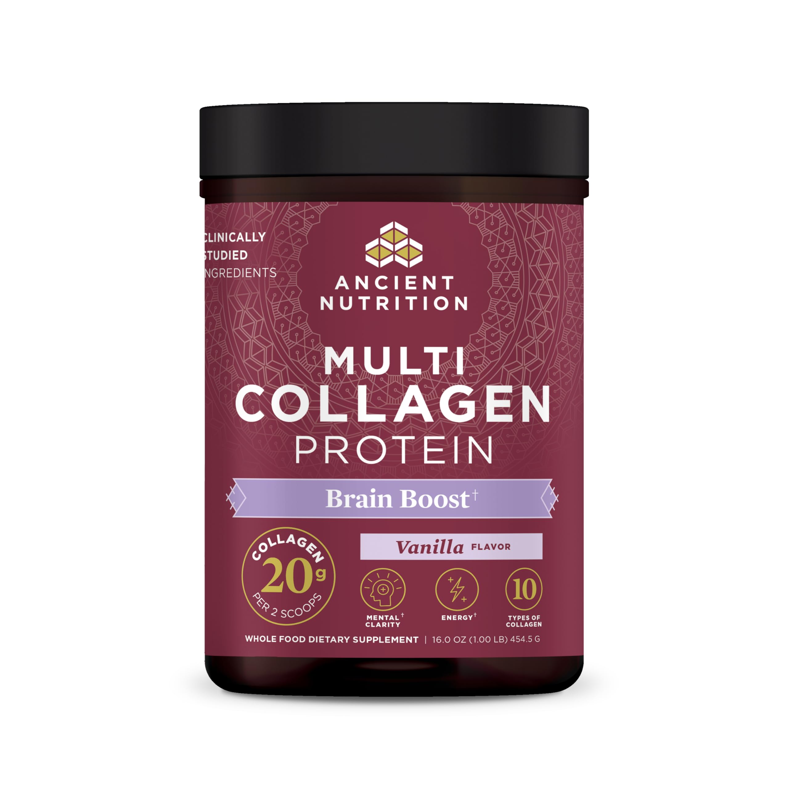 Ancient Nutrition Multi Collagen Brain Boost tub shows a protein blend for skin, nails, and joints.