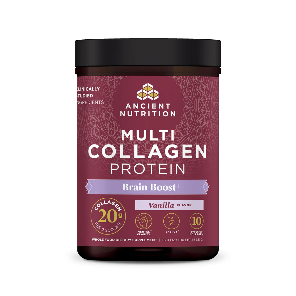 Ancient Nutrition Multi Collagen Brain Boost tub shows a protein blend for skin, nails, and joints.