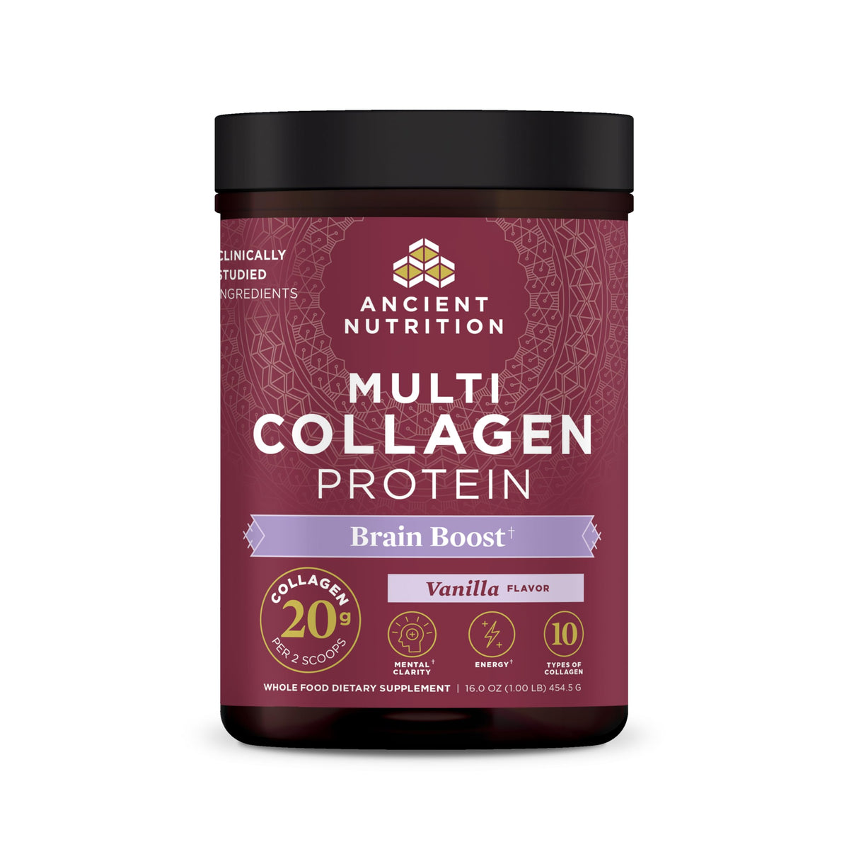 Ancient Nutrition Multi Collagen Brain Boost tub shows a protein blend for skin, nails, and joints.