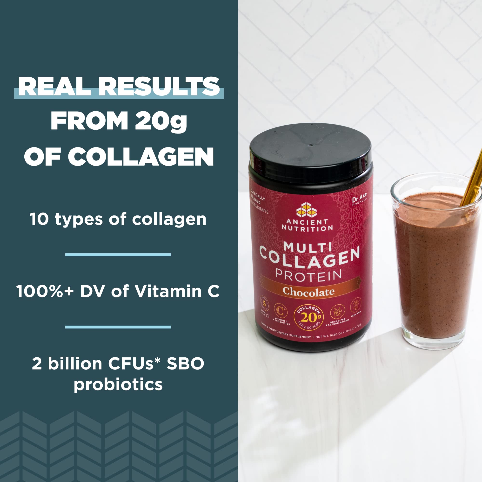 Ancient Nutrition Multi Collagen Protein Chocolate powder being stirred in a shaker