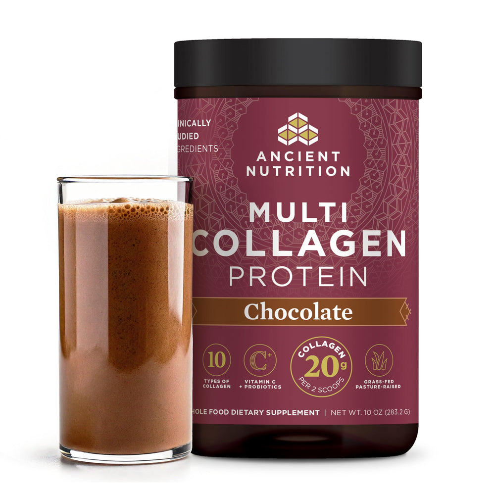 Ancient Nutrition Multi Collagen Protein Chocolate tub closeup highlighting convenient daily support